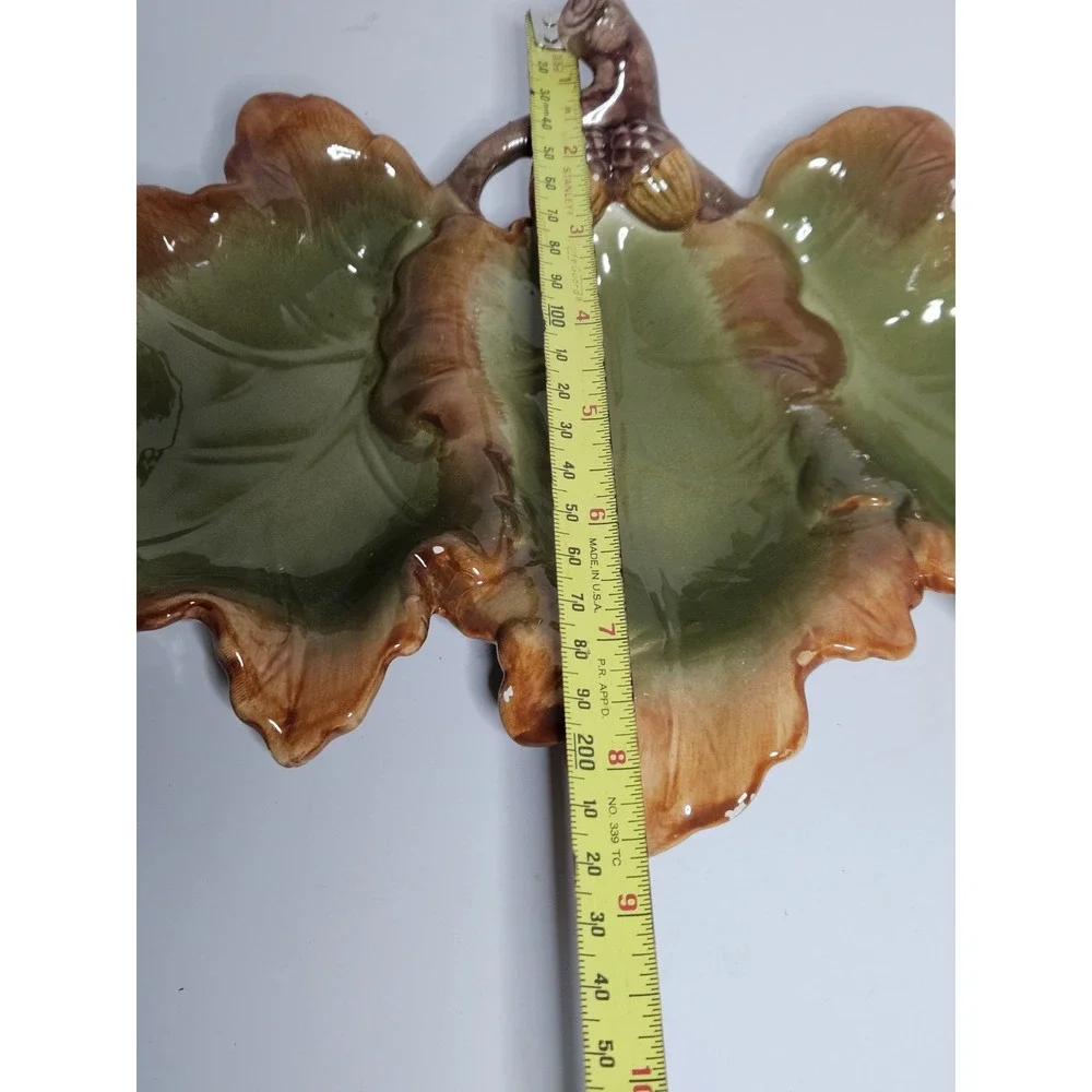 Vintage Majolica Style Ceramic Oak Leaf Acorn 3 Section Relish Dish Fall Tray